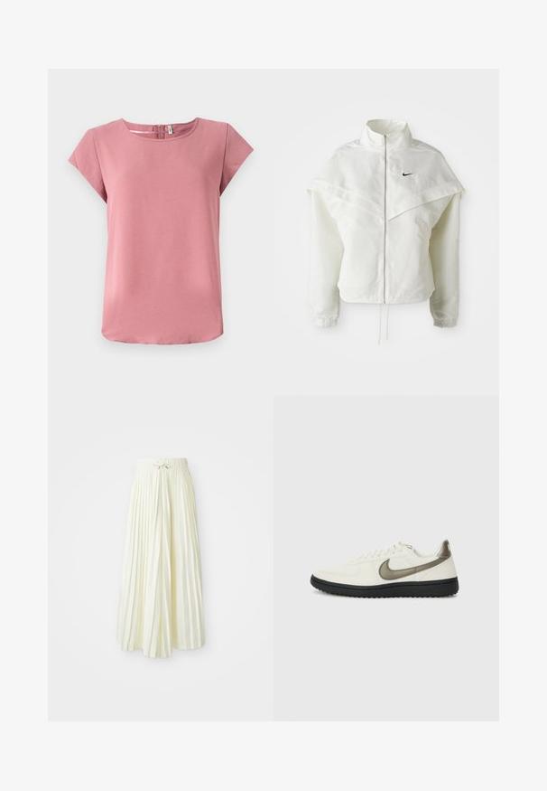 Valge pikkade varrukatega tõmblukuga jakk kõrge kraega, kätetooted, mis meenutavad katet õlgadel, elastsete mansettidega ja väikese musta Nike logoga rinnal.; Roosa lühikeste varrukatega särk, millel on sile tekstuur, ümar kaelus ja selja lukuga detail. Omab mugavat istuvust ja kumerat alläära.; Kergelt kollasel kangast volditud midi seelik, millel on elastne vöökoht koos nööriga, sile tekstuur ja vertikaalsed triibud lisadetailideks.; Nike Sportswear FIELD GENERAL - Tossud - off-white/black