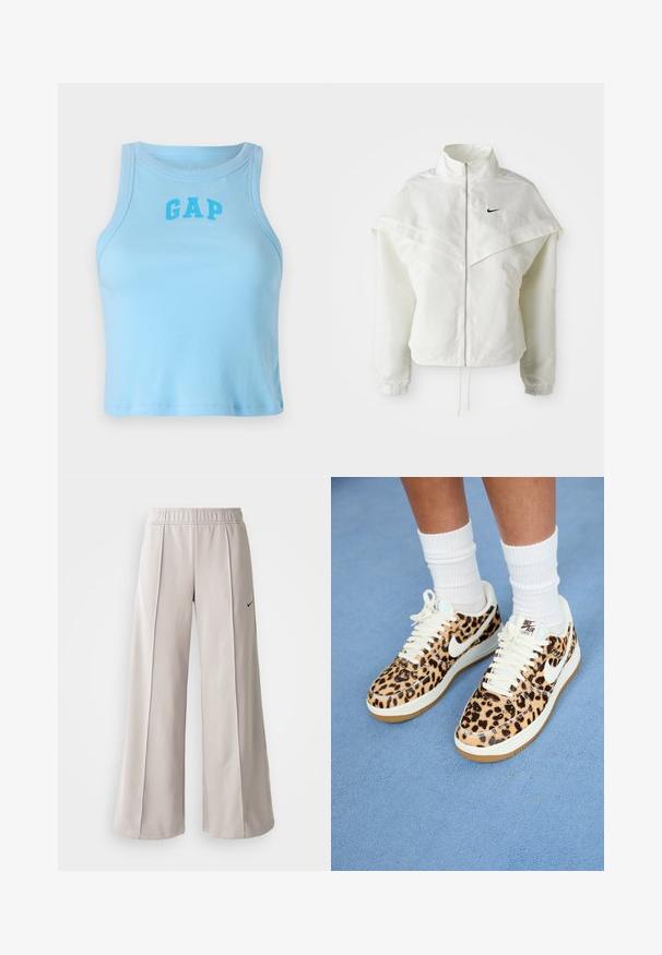Valkoinen pitkähihainen vetoketjullinen takki korkealla kauluksella, viittamainen yksityiskohta olkapäillä, joustavat hihansuut ja pieni musta Nike-logo rinnassa.; Vaaleansininen ribattu hihaton paita, jossa on pyöreä kaula-aukko ja "GAP"-logo voimakkaalla fontilla. Paidassa on vartalonmyötäinen muotoilu ja suora helma.; Vaaleanharmaat leveälahkeiset housut, jotka on valmistettu sileästä kankaasta. Niissä on joustava vyötärö ja musta Nike-logo vasemmalla puolella.; Tennarit Nike Air Force 1 leopardikuosisella printillä, joissa on valkoiset nauhat ja swoosh, täynnä vaaleaa kumista ulkopohjaa ja teksturoitua yläosaa. Valkoiset hienot sukat näkyvissä.