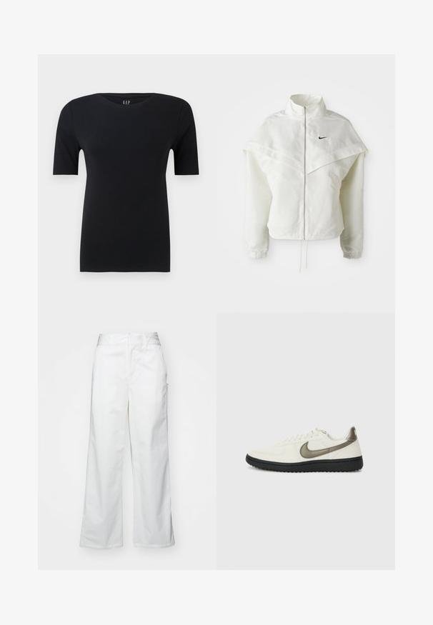 Bjela jakna dugih rukava s patentnim zatvaračem i visokim ovratnikom, s kapastim detaljima preko ramena, elastičnim manžetama i malim crnim Nike logom na prsima.; Crna kratka majica s kratkim rukavima od mekog pamuka, s okruglim izrezom i opuštenim krojem, s minimalnim šavovima i bez vidljivih uzoraka.; Bijele hlače širokih nogavica napravljene od pamuka, s glatkom teksturom, ravnim krojem, prednjim džepovima i čistim rubom.; Nike Sportswear FIELD GENERAL - Tenisice - off-white/black