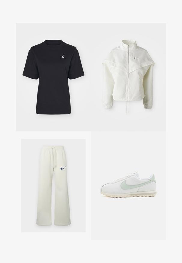 Weiße langärmlige Zip-Jacke mit hohem Kragen, cape-artigem Detail über den Schultern, elastischen Bündchen und kleinem schwarzen Nike-Logo auf der Brust.; Schwarzes Baumwoll-T-Shirt mit Rundhals und kurzen Ärmeln. Mit einem weißen Jumpman-Logo auf der linken Brust. Weiche Textur, normale Passform.; Cremfarbene Jogginghose aus Baumwollmischung, mit entspannter Passform, elastischem Bund und Kordelzug sowie einem navyblauen Nike-Logo auf der Vorderseite.; Weiße Lederschuhe mit hellgrünen Akzenten. Abgerundete Zehenpartie, Schnürdesign und strukturierte Außensohle mit Zickzackmuster. Minimalistischer Stil.