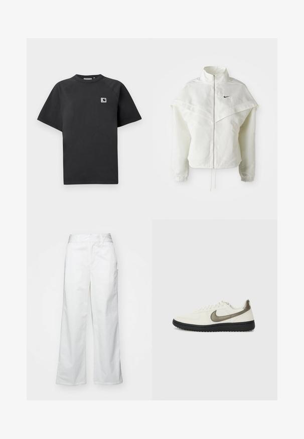 Hvid langærmet zip-up jakke med høj krave, kappe-lignende detaljer over skuldrene, elastiske manchetter og lille sort Nike-logo på brystet.; Sort bomuld t-shirt med rund halsudskæring, korte ærmer og en rektangulær logo-patch på venstre side af brystet.; Hvide brede bukser lavet af bomuld, med en glat overflade, lige pasform, forlommer og en ren kant.; Nike Sportswear FIELD GENERAL - Sneakers - off-white/black