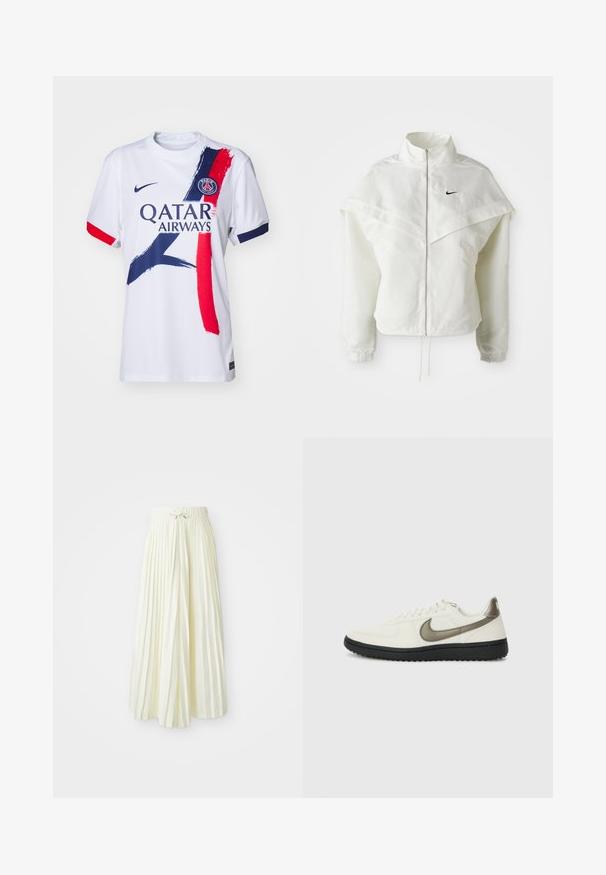 Hvit langermet jakke med glidelås og høy krage, kappe-lignende detaljer over skuldrene, elastiske mansjetter, og liten svart Nike-logo på brystet.; Hvit sportsdrakt med røde og blå penselstrøk. Har rund hals, korte ermer og trykt logo-design på brystet.; Plisse midi-skjørt i lys gul stoff, med elastisk midjebånd med knyting, glatt tekstur og vertikale striper for ekstra detaljer.; Nike Sportswear FIELD GENERAL - Joggesko - off-white/black