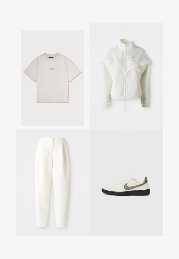 Weiße langärmlige Zip-Jacke mit hohem Kragen, cape-artigem Detail über den Schultern, elastischen Bündchen und kleinem schwarzen Nike-Logo auf der Brust.; Weißes Baumwoll-T-Shirt mit lockerer Passform, kurzen Ärmeln und einem kleinen, auf der oberen linken Brust aufgedruckten Logo. Weicher Stoff, Rundhalsausschnitt.; Hochtaillierte, tapered weiße Hose mit verdecktem Frontverschluss und seitlichen Taschen, auf einem schlichten weißen Hintergrund präsentiert.; Nike Sportswear FIELD GENERAL - Sneaker low - off-white/black