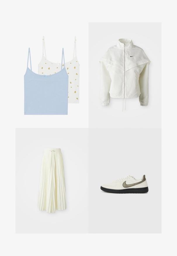 Bela jakna z dolgimi rokavi in zadrgo, visokim ovratnikom, plaščastim detajlom čez ramena, elastičnimi manšetami in majhnim črnim logotipom Nike na prsih.; Dve top majice, ena svetlo modra in ena bela z rumenimi cvetličnimi vzorci. Obe imata rebrasto tkanino in tanke nastavljive naramnice.; Plisirana midi krila iz svetlo rumenega blaga, ki ima elastičen pas z vezalko, gladko teksturo in vertikalne črte za dodatne podrobnosti.; Nike Sportswear FIELD GENERAL - Športni copati - off-white/black