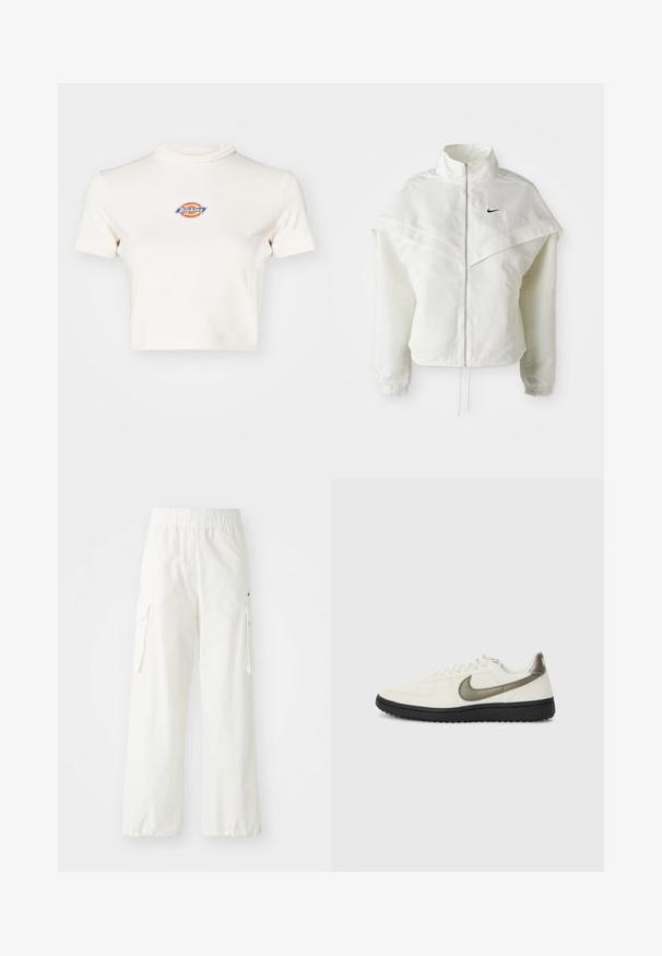 White long-sleeve zip-up jacket with high collar, cape-like detail across shoulders, elastic cuffs, and small black Nike logo on chest.; Cream-colored cropped t-shirt with a high neckline, short sleeves, and a circular logo featuring "Dickies" in blue, red, and yellow.; White cargo pants with a wide leg design, featuring an elastic waistband and side pockets. Textured fabric with a smooth finish.; Nike Sportswear FIELD GENERAL - Trainers - off-white/black