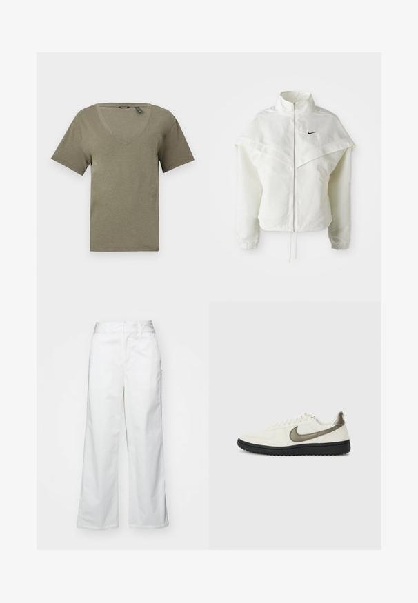 Fehér, hosszú ujjú, zipzáras dzseki magas gallérral, a vállakon lebegő, köpenyszerű résszel, rugalmas mandzsettákkal és kis fekete Nike logóval a mellkason.; Olívzöld v-nyakú póló, rövid ujjú, puha, könnyű anyagból készült, laza szabású és tiszta varrási részletekkel rendelkezik.; Fehér, bő szárú nadrág, pamutból készült, sima textúrával, egyenes szabással, elülső zsebekkel és tiszta szegéllyel.; Nike Sportswear FIELD GENERAL - Sportcipő - off-white/black