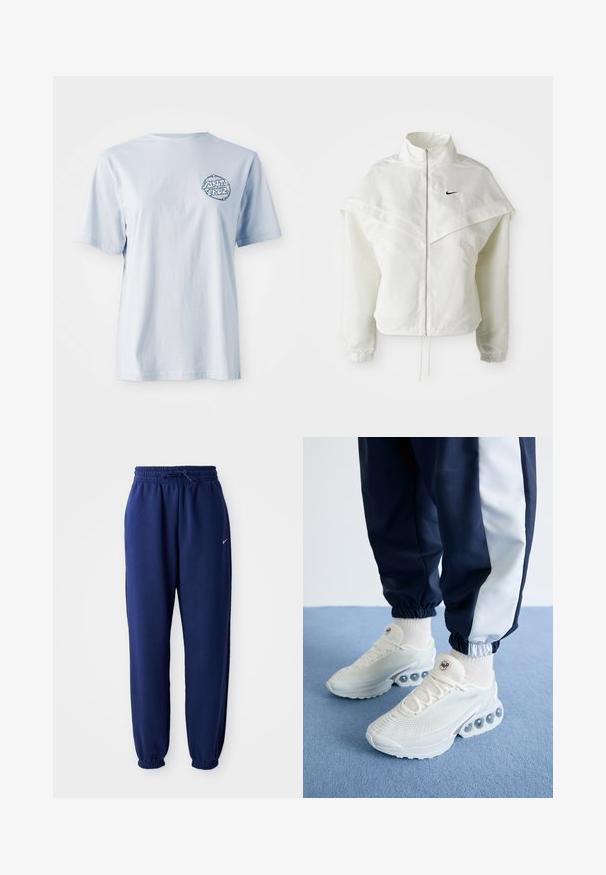 Witte lange mouwen zip-up jas met hoge kraag, cape-achtige details over de schouders, elastische manchetten en een klein zwart Nike-logo op de borst.; Lichtblauw katoenen t-shirt met korte mouwen, met een rond grafisch logo in donkerblauw op de linkerborst.; Korte mouwen, cropped wit shirt van katoen met twee borstzakken, knoopsluiting aan de voorkant en een logo patch op de linker zak.; Marineblauwe joggingbroek van zachte stof, met een elastische tailleband met trekkoord, elastische boorden en een klein wit logo.; Witte mesh sneakers met een gestructureerde afwerking, voorzien van heldere bubbelaccenten in de zool en een klein logo op de tong. Gemaakt in combinatie met navy joggers.