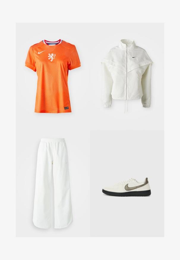 Hvid langærmet zip-up jakke med høj krave, kappe-lignende detaljer over skuldrene, elastiske manchetter og lille sort Nike-logo på brystet.; Orange fodboldtrøje med hvidt lionemblem, rund halsudskæring med røde og blå detaljer, prikket mønster, korte ærmer og sort mærkeddetail.; Hvide athletic bukser med vidde, ribbet talje og subtile logo detaljer. Glat stof med en afslappet pasform og tapered hals.; Nike Sportswear FIELD GENERAL - Sneakers - off-white/black