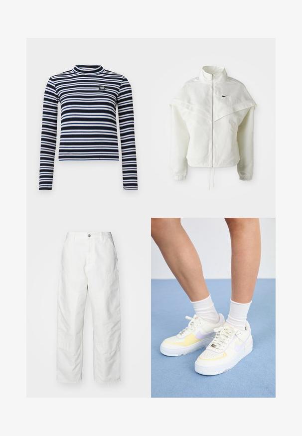 Balta ilga rankovė zip-up striukė su aukštu apykakle, švarkelio tipo detalėmis ant pečių, elastingomis rankovėmis ir mažuoju juodu Nike logotipu ant krūtinės.; Juodas ir baltas dryžuotas ilgomis rankovėmis viršus su aukštu kaklu, su raukšlėta tekstūra, turintis mėlynų ir smėlio spalvos akcentų bei mažą logotipą krūtinėje.; Balti džinsiniai cargo kelnės, turinčios laisvą siluetą, šonines kišenes ir matomus siuvimo detales. Paprastas priekinis dizainas su mygtuko uždarymu.; Baltos odinės sportbačiai su geltonais ir levandų akcentais, apvaliu pirštu, plokščiomis raišteliais ir tekstūruota guma. Dėvimi su baltais kojinėmis.