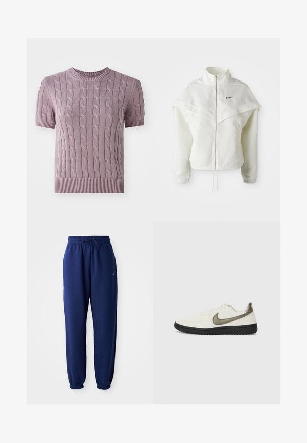 White long-sleeve zip-up jacket with high collar, cape-like detail across shoulders, elastic cuffs, and small black Nike logo on chest.; Short-sleeve, cable-knit sweater in light purple. Features a ribbed neckline and hem, with a textured pattern throughout the body.; Navy blue sweatpants made of soft fabric, featuring an elastic waistband with drawstring, elastic cuffs, and a small white logo.; Nike Sportswear FIELD GENERAL - Trainers - off-white/black