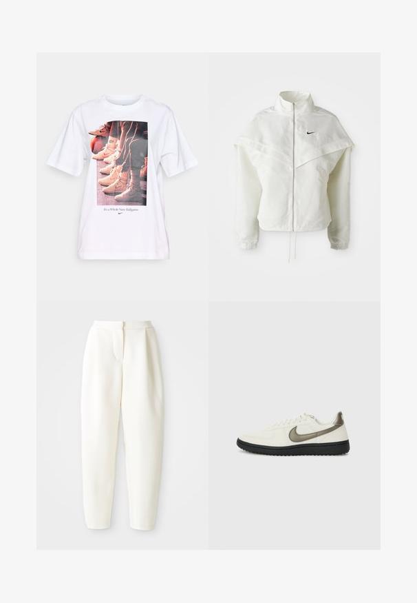 Fehér, hosszú ujjú, zipzáras dzseki magas gallérral, a vállakon lebegő, köpenyszerű résszel, rugalmas mandzsettákkal és kis fekete Nike logóval a mellkason.; Fehér póló, ami grafikus nyomattal rendelkezik, amely kosárlabda cipőket és a "Ez egy Egészen Új Játék" szöveget ábrázolja kék színben, kerek nyakkivágással és rövid ujjakkal.; Magas derékú, tapered fehér nadrág, rejtett elülső záródással és oldalsó zsebekkel, sima fehér háttér előtt bemutatva.; Nike Sportswear FIELD GENERAL - Sportcipő - off-white/black