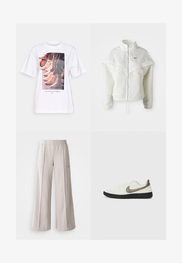 Bela jakna z dolgimi rokavi in zadrgo, visokim ovratnikom, plaščastim detajlom čez ramena, elastičnimi manšetami in majhnim črnim logotipom Nike na prsih.; Bela majica s grafičnim tiskom košarkarskih čevljev in besedilom "To je povsem nova igra" v modri barvi, okrogli ovratnik, kratki rokavi.; Svetlo sivi široki hlače iz gladkega materiala. Imajo elastični pas in črni Nike logotip na levi strani.; Nike Sportswear FIELD GENERAL - Športni copati - off-white/black