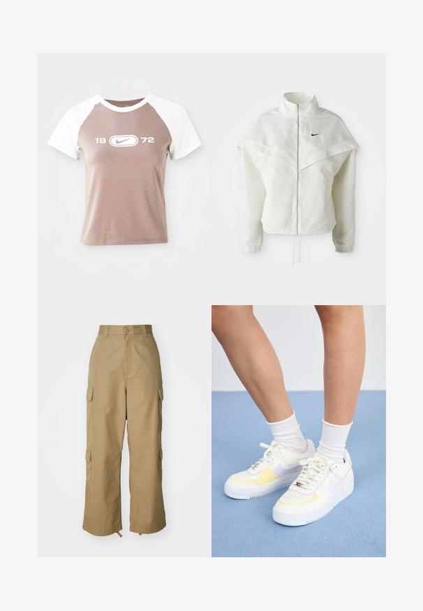 Hvit langermet jakke med glidelås og høy krage, kappe-lignende detaljer over skuldrene, elastiske mansjetter, og liten svart Nike-logo på brystet.; T-skjorte med kort erm, lys brun kropp og hvite raglan-ermer, med en stor hvit grafisk logo og året "1972" sentrert på forsiden.; Beige cargo bukser med høj talje, brede ben og fire store sidelommer. Fremstillet af slidstærkt stof med en glat tekstur og minimal detalje.; Hvit lær sneakers med gule og lavendel detaljer, rund tå, flate lisser, og teksturert gummisåle. Brukt med hvite sokker.
