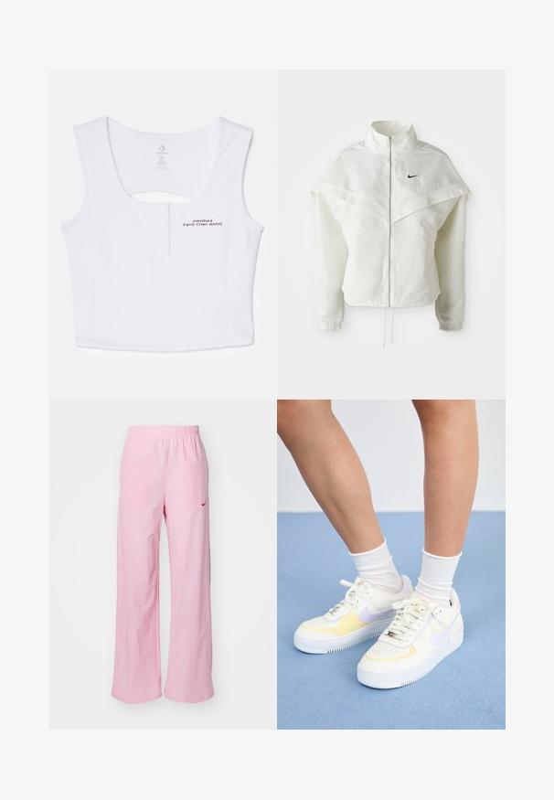 Hvit langermet jakke med glidelås og høy krage, kappe-lignende detaljer over skuldrene, elastiske mansjetter, og liten svart Nike-logo på brystet.; Hvit kort tank topp laget av bomullsmateriale. Har en nøkkelhullutskjæring bak og svarte trykte logo detaljer foran.; Rosa elastiske bukser med avslappet passform. Har en rød logo på venstre side og en glatt, lett tekstur.; Hvit lær sneakers med gule og lavendel detaljer, rund tå, flate lisser, og teksturert gummisåle. Brukt med hvite sokker.