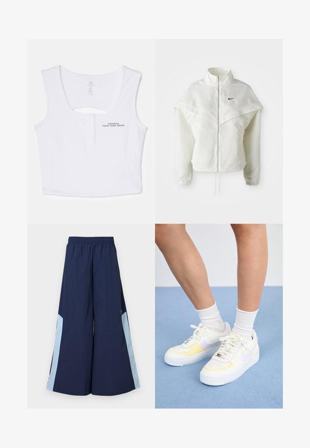 Weiße langärmlige Zip-Jacke mit hohem Kragen, cape-artigem Detail über den Schultern, elastischen Bündchen und kleinem schwarzen Nike-Logo auf der Brust.; Weißes, kurzes Tanktop aus Baumwollmischung. Verfügt über einen Schlüsselaugen-Ausschnitt am Rücken und schwarze Logo-Details auf der Vorderseite.; Marinefarbene weite Hosen mit einem elastischen Bund, die hellblaue Seitenpaneele und eine glatte Textur aufweisen. Designed für Komfort und Bewegungsfreiheit.; Weiße Ledersneaker mit gelben und lavendelfarbenen Akzenten, runde Zehenpartie, flache Schnürsenkel und strukturierte Gummisohle. Getragen mit weißen Socken.