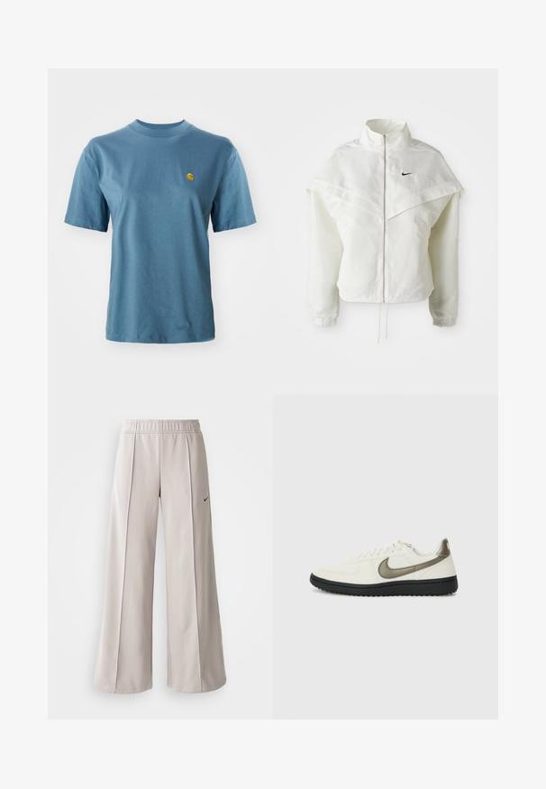 Hvid langærmet zip-up jakke med høj krave, kappe-lignende detaljer over skuldrene, elastiske manchetter og lille sort Nike-logo på brystet.; Lyseblå bomulds t-shirt med korte ærmer og ribbet rund hals. Har et lille gult logo på venstre bryst som detalje.; Lys grå, vide bukser lavet af glat stof. Har et elastisk talje bånd og sort Nike-logo på venstre side.; Nike Sportswear FIELD GENERAL - Sneakers - off-white/black