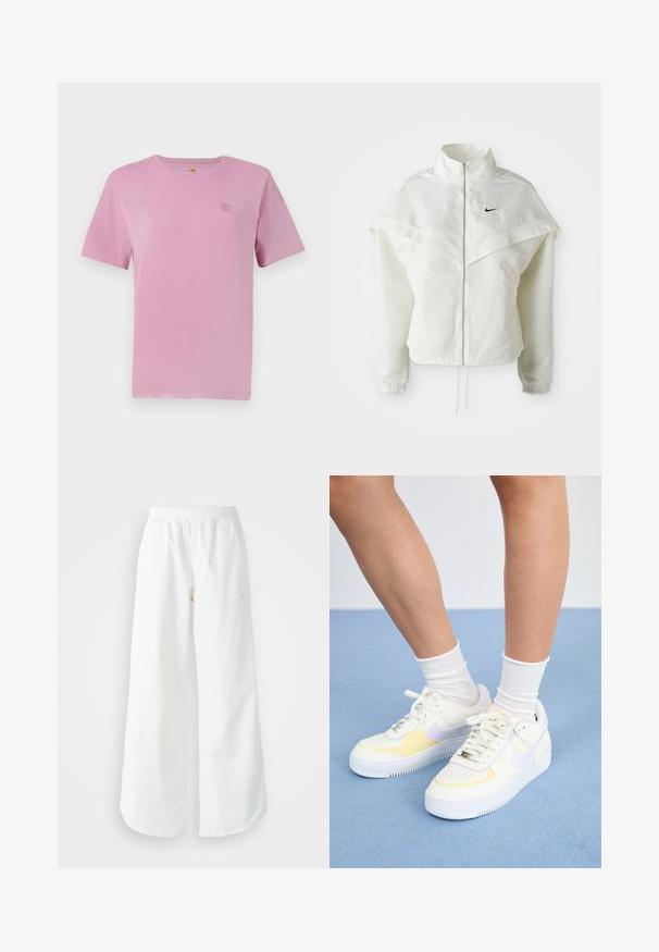 Witte lange mouwen zip-up jas met hoge kraag, cape-achtige details over de schouders, elastische manchetten en een klein zwart Nike-logo op de borst.; Korte mouwen roze katoenen t-shirt met een klein geborduurd logo op de borst. Glad textuur en klassiek ronde hals ontwerp.; Witte atletische broek met wijde pijpen, een geribde tailleband en subtiele logodetails. Soepele stof met een relaxte pasvorm en taps toelopende zoom.; Witte leren sneakers met gele en lavendelkleurige accenten, ronde neus, platte veters en een textuurrubber zool. Gdraag met witte sokken.