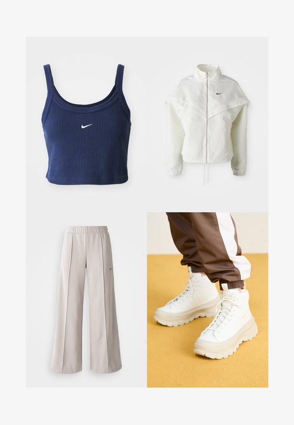 Hvit langermet jakke med glidelås og høy krage, kappe-lignende detaljer over skuldrene, elastiske mansjetter, og liten svart Nike-logo på brystet.; Mørkeblå kort tank top laget av ribbestrikket stoff med rund hals og smale stropper, med en liten hvit Nike-logo på forsiden.; Lys grå vide bukser lavet af glat stof. Har en elastisk talje og sort Nike-logo på venstre side.; Hvite høytoppsneakers med en tykk, teksturert såle, med en glatt øvre del, rund tå og tonede snøringer, satt mot en gul bakgrunn.