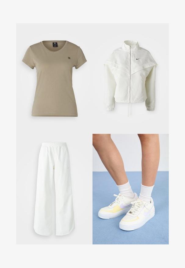 Biela bunda s dlhým rukávom na zips a vysokým golierom, s plášťovým detailom cez plecia, elastickými manžetami a malým čiernym logom Nike na hrudi.; G-STAR EYBEN - Základné tričko - shamrock; Biele široké športové nohavice s ribbovaným pásom a jemným logom. Hladká tkanina s uvoľneným strihom a zúženým lemom.; Biele kožené tenisky s žltými a levanduľovými akcentmi, okrúhle špičky, ploché šnúrky a textúrovaná gumová podrážka. Nosené s bielymi ponožkami.