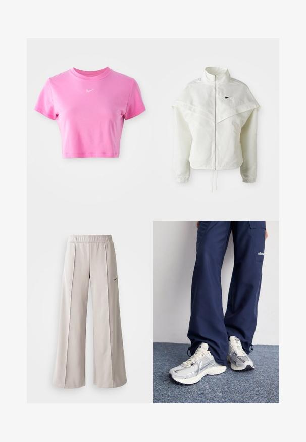 Bílá dlouhá zipová bunda s vysokým límcem, pláštěnkovým detailem přes ramena, elastickými manžetami a malým černým logem Nike na hrudi.; Růžové zkrácené tričko vyrobené z měkké bavlny, s krátkými rukávy, kulatým výstřihem a decentním bílým logem Nike na hrudi.; Světlé šedé široké kalhoty vyrobené z hladké látky. Mají elastický pas a černé logo Nike na levé straně.; Tenisky Nike s vrchní částí ze stříbrné síťoviny, bílými akcenty a texturovanou podrážkou, doplněné o volné námořnické kalhoty.