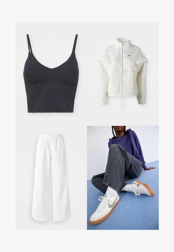 Fehér, hosszú ujjú, zipzáras dzseki magas gallérral, a vállakon lebegő, köpenyszerű résszel, rugalmas mandzsettákkal és kis fekete Nike logóval a mellkason.; Fekete, varrás nélküli bralette vékony, állítható pántokkal, V-nyakkivágással és testhez simuló fazonnal. Puha, rugalmas anyag, látható szerelvények nélkül.; Fehér, bő szárú sportnadrág ribbelt derékpánttal és diszkrét logórésszel. Simá szövet, laza szabással és taperált szárral.; Fehér Nike sneaker szürke részletekkel, gumi talppal, fehér zoknival viselve. Sötét szürke, enyhén kopott, bő szárú farmernadrág. Kék háttér.