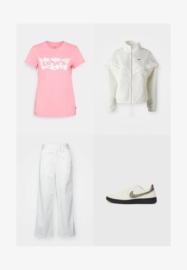 Jaqueta branca de mangas longas com fecho éclair e gola alta, detalhe tipo capa nos ombros, punhos elásticos e pequeno logótipo preto da Nike no peito.; Levi's® THE PERFECT TEE - T-shirt estampada - peony; Calças largas brancas feitas de algodão, com uma textura suave, corte reto, bolsos frontais e bainha limpa.; Nike Sportswear FIELD GENERAL - Sapatilhas - off-white/black