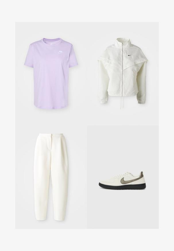 Vit långärmad zip-up jacka med hög krage, kap-liknande detalj över axlarna, elastiska ärmslut och liten svart Nike-logga på bröstet.; Nike Sportswear CLUB TEE - T-shirt - bas - violet mist; Höga, avsmalnande vita byxor med dolda framknäppningar och sidofickor, uppvisade mot en enfärgad vit bakgrund.; Nike Sportswear FIELD GENERAL - Sneakers - off-white/black