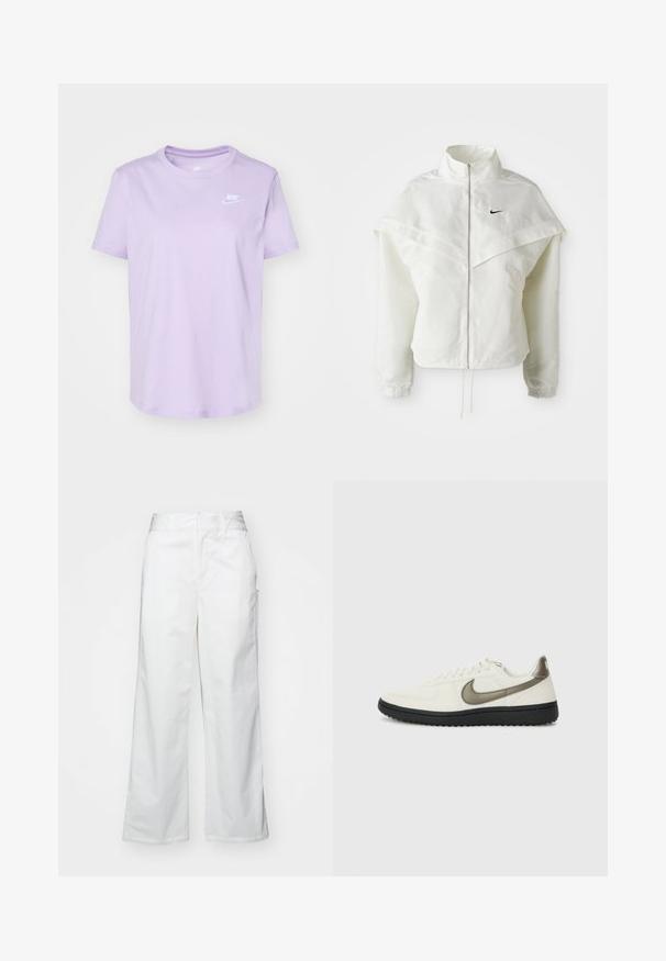 Jachetă albă cu mâneci lungi, cu fermoar, guler înalt, detalii asemănătoare unei capele pe umeri, manșete elastice și un mic logo Nike negru pe piept.; Nike Sportswear CLUB TEE - Tricou basic - violet mist; Pantaloni largi albi din bumbac, cu o textură fină, croi drept, buzunare frontale și tiv curat.; Nike Sportswear FIELD GENERAL - Sneakers low - off-white/black