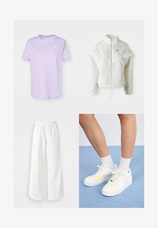 Fehér, hosszú ujjú, zipzáras dzseki magas gallérral, a vállakon lebegő, köpenyszerű résszel, rugalmas mandzsettákkal és kis fekete Nike logóval a mellkason.; Nike Sportswear CLUB TEE - Basic póló - violet mist; Fehér, bő szárú sportnadrág ribbelt derékpánttal és diszkrét logórésszel. Simá szövet, laza szabással és taperált szárral.; Fehér bőr sneakers sárga és levendula színű kiegészítőkkel, kerek orral, lapos fűzökkel és texturált gumitalppal. Fehér zoknival viselve.