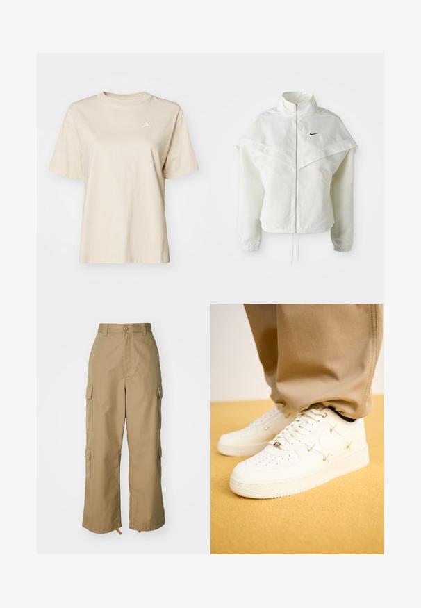 Weiße langärmlige Zip-Jacke mit hohem Kragen, cape-artigem Detail über den Schultern, elastischen Bündchen und kleinem schwarzen Nike-Logo auf der Brust.; Jordan TEE - T-Shirt basic - legend light brown/sail; Beige Cargo-Hosen mit hoher Taille, weitem Bein und vier großen Seitentaschen. Aus strapazierfähigem Stoff mit glatter Textur und minimalen Details.; Weiße Leder-Sneaker mit perforierter Zehenpartie, goldenen Akzenten und flachen Schnürsenkeln, kombiniert mit beigen Hosen auf einer strukturierten gelben Oberfläche.