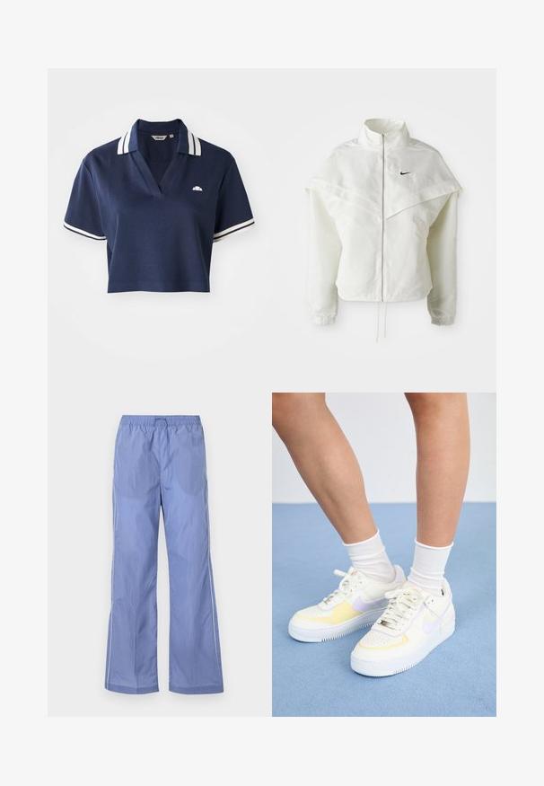 Witte lange mouwen zip-up jas met hoge kraag, cape-achtige details over de schouders, elastische manchetten en een klein zwart Nike-logo op de borst.; Marineblauwe cropped polo met een V-hals, witte gestreepte kraag en korte mouwen, voorzien van een klein logo op de linkerborst.; Blauwe lichtgewicht broeken met een elastische tailleband, met een comfortabele pasvorm en zijpaspels. Gemaakt van een glad, duurzaam materiaal.; Witte leren sneakers met gele en lavendelkleurige accenten, ronde neus, platte veters en een textuurrubber zool. Gdraag met witte sokken.