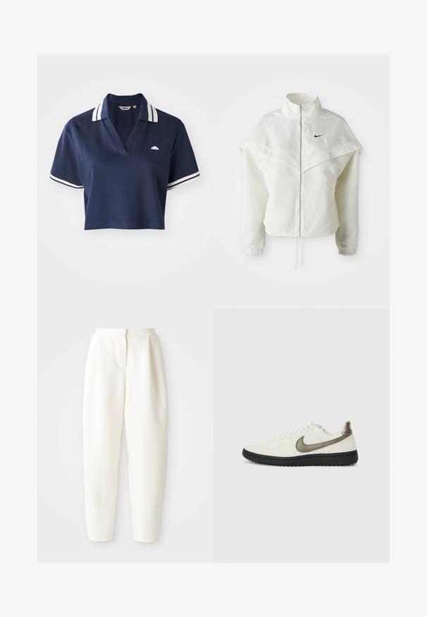 Jaqueta branca de mangas longas com fecho éclair e gola alta, detalhe tipo capa nos ombros, punhos elásticos e pequeno logótipo preto da Nike no peito.; Polo de cor azul-marinho, cortado, com decote em V, colarinho às riscas brancas e mangas curtas, apresentando um pequeno logótipo no lado esquerdo do peito.; Calças brancas de cintura alta e corte tapered com fecho frontal oculto e bolsos laterais, exibidas contra um fundo branco liso.; Nike Sportswear FIELD GENERAL - Sapatilhas - off-white/black