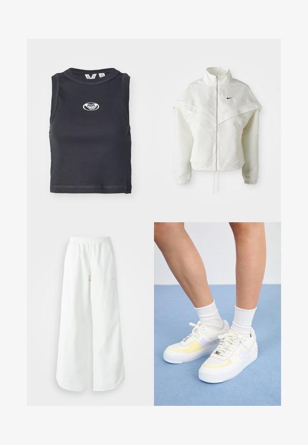 Balta ilga rankovė zip-up striukė su aukštu apykakle, švarkelio tipo detalėmis ant pečių, elastingomis rankovėmis ir mažuoju juodu Nike logotipu ant krūtinės.; Juodas raukinis trumpas viršus su apvaliu kaklu ir be rankovių dizainu. Priekyje centre yra balta logotipas. Lygi tekstūra.; Balti sportiniai keliai su platėjančiomis kojomis, su įtemptu juosmeniu ir subtilia logotipo detale. Lygus audinys, laisvas kirpimas ir siaurėjantis apatinis kraštas.; Baltos odinės sportbačiai su geltonais ir levandų akcentais, apvaliu pirštu, plokščiomis raišteliais ir tekstūruota guma. Dėvimi su baltais kojinėmis.