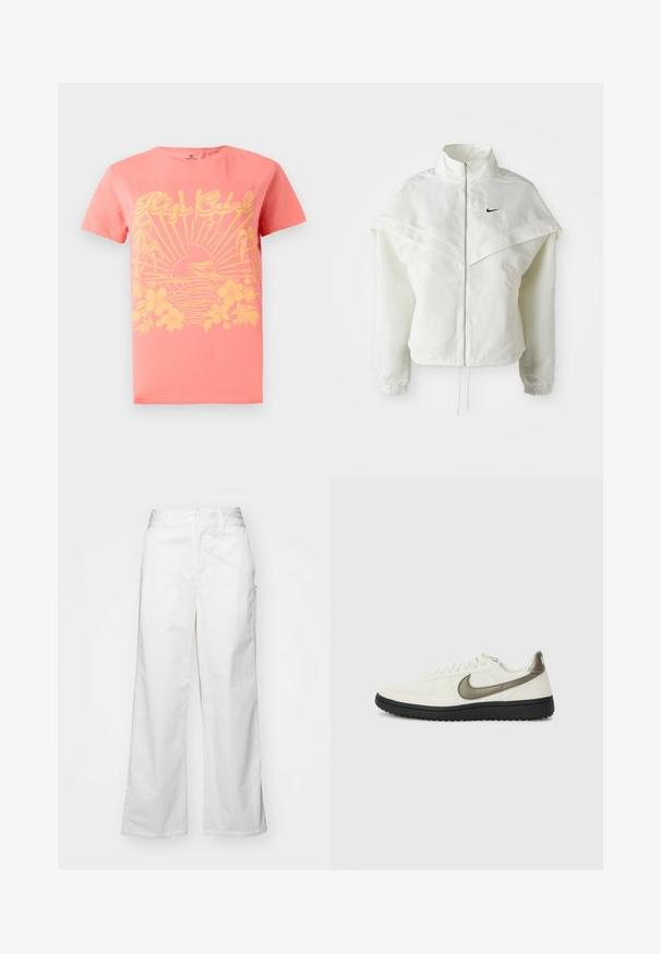White long-sleeve zip-up jacket with high collar, cape-like detail across shoulders, elastic cuffs, and small black Nike logo on chest.; Coral short-sleeve t-shirt featuring a yellow graphic design with sun, waves, and floral elements. Made from cotton. Classic fit.; White wide-leg trousers made from cotton, featuring a smooth texture, straight fit, front pockets, and a clean hem.; Nike Sportswear FIELD GENERAL - Trainers - off-white/black