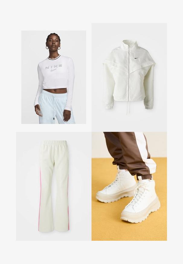 Hvid langærmet zip-up jakke med høj krave, kappe-lignende detaljer over skuldrene, elastiske manchetter og lille sort Nike-logo på brystet.; Hvid langærmet crop top med en sort og grå stribet krave, der har et centralt "NIKE" logo og et lille swoosh-design.; Lys beige bukser med elastisk talje, der har pink sidepaneler og sidelommer. Glat tekstur med straight-leg design.; Hvide højtop sneakers med en kraftig, tekstureret sål, der har en glat overdel, rund tå og tonede snørebånd, placeret mod en gul baggrund.