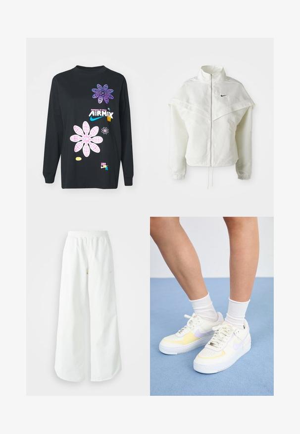 Fehér, hosszú ujjú, zipzáras dzseki magas gallérral, a vállakon lebegő, köpenyszerű résszel, rugalmas mandzsettákkal és kis fekete Nike logóval a mellkason.; Fekete, hosszú ujjú póló, színes virágmintákkal és szövegekkel, beleértve a "DOING IT THE AIRMAX WAY" és a "JUST DO IT" feliratot.; Fehér, bő szárú sportnadrág ribbelt derékpánttal és diszkrét logórésszel. Simá szövet, laza szabással és taperált szárral.; Fehér bőr sneakers sárga és levendula színű kiegészítőkkel, kerek orral, lapos fűzökkel és texturált gumitalppal. Fehér zoknival viselve.
