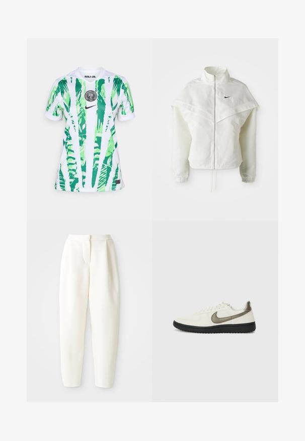 Veste zippée à manches longues blanche avec col haut, détail de type cape sur les épaules, poignets élastiques et petit logo Nike noir sur la poitrine.; Maillot de football blanc avec un motif de feuilles de palmier vertes, col rond, manches courtes, logo Nike et emblème de la Fédération nigériane de football.; Pantalons blancs taille haute cintrés avec une fermeture frontale dissimulée et des poches latérales, présentés sur un fond blanc uni.; Nike Sportswear FIELD GENERAL - Baskets basses - off-white/black