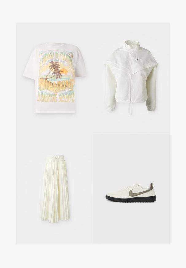 Biela bunda s dlhým rukávom na zips a vysokým golierom, s plášťovým detailom cez plecia, elastickými manžetami a malým čiernym logom Nike na hrudi.; Biela bavlnená tričko s farebnou grafickým potlačou, na ktorej sú palmy, slnko a text: "SUNKISSED IN PARADISE," "BILLABONG" a "SUMMERTIME SESSIONS."; Plisovaná midi sukňa v svetložltej látke, so širokým elastickým pásom a viazaním, hladkou textúrou a vertikálnymi prúžkami pre ďalší detail.; Nike Sportswear FIELD GENERAL - Tenisky - off-white/black