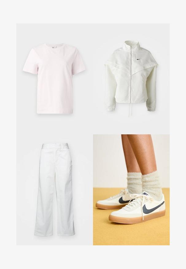 Balta garās piedurknes ar rāvējslēdzēju jaka ar augstu apkakli, apmetņa līdzīga detaļa uz pleciem, elastīgas aproces un mazs melns Nike logotips uz krūtīm.; Gaiši rozā īsām piedurknēm t-kreklam, kas izgatavots no kokvilnas, ar apaļu kakla izgriezumu un brīvu piegriezumu. Gluda tekstūra bez rakstiem vai akcentiem.; Balti platie kājas bikses no kokvilnas, ar gludu tekstūru, taisnu piegriezumu, priekšējām kabatām un tīru apakšmalu.; Baltie Nike sporta apavi ar tumši zilu Swoosh, ar teksturētu audumu, baltajām šņorēm un gumijas zoli, savienoti ar pūkainām gaiši zaļām zeķēm. Dzeltena fona.