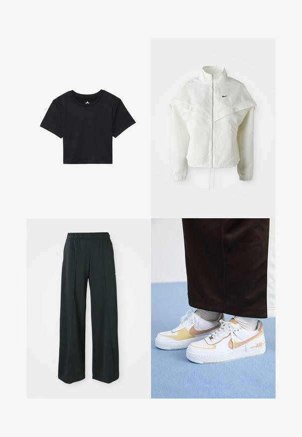 Valge pikkade varrukatega tõmblukuga jakk kõrge kraega, kätetooted, mis meenutavad katet õlgadel, elastsete mansettidega ja väikese musta Nike logoga rinnal.; Must must t-särk lühikeste varrukatega, ümmarguse kaelusega, valmistatud siledast kangast. Minimalistlik disain ilma nähtavate mustrite või aktsentideta.; Mustad, laiad spordipüksid elastse vööniidega. Valmistatud siledast, venivast kangast, millel on kerge esiseam ja ei ole taskuid.; Valged nahast sneakers kuldsete detailidega, mis on varustatud aukudega varbaga, lapikute paeltega ja paksu kummitaldaga, millel on külgedel "AIR" logo.