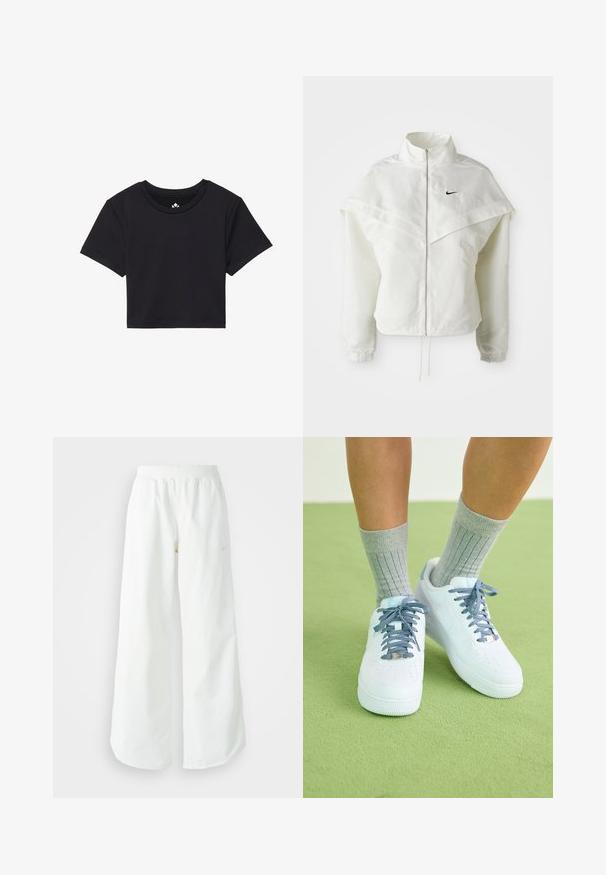 Biela bunda s dlhým rukávom na zips a vysokým golierom, s plášťovým detailom cez plecia, elastickými manžetami a malým čiernym logom Nike na hrudi.; Čierne skrátené tričko s krátkymi rukávmi a okrúhlym výstrihom, vyrobené z hladkej látky. Minimalistický dizajn bez viditeľných vzorov alebo akcentov.; Biele široké športové nohavice s ribbovaným pásom a jemným logom. Hladká tkanina s uvoľneným strihom a zúženým lemom.; Biele kožené tenisky s modrými akcentmi, perforovaným dizajnom na špičke a textúrovanými modro-bielymi šnúrkami, nosené so sivými rebrovanými ponožkami.