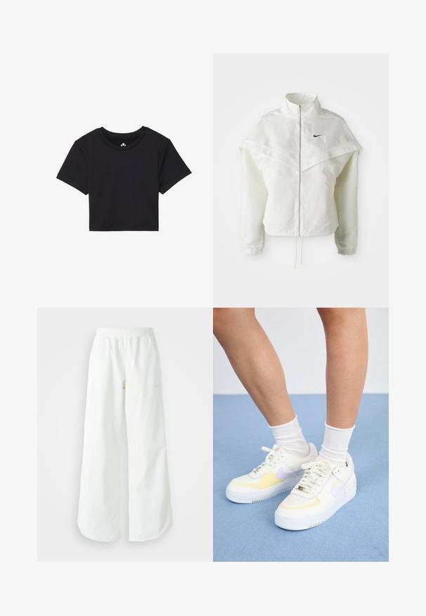 Valge pikkade varrukatega tõmblukuga jakk kõrge kraega, kätetooted, mis meenutavad katet õlgadel, elastsete mansettidega ja väikese musta Nike logoga rinnal.; Must must t-särk lühikeste varrukatega, ümmarguse kaelusega, valmistatud siledast kangast. Minimalistlik disain ilma nähtavate mustrite või aktsentideta.; Valged laiad spordipüksid, ribadega vöökoht ja diskreetne logosümbol. Sile kangas, lõdvestatud istuvus ja kitsenev ääreosa.; Valged nahast tossud kollaste ja lavendlitoonide aktsentidega, ümar varvas, tasased paelad ja tekstureeritud kummist tald. Kannab valgeid sokke.