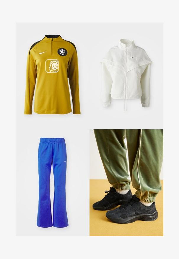 Fehér, hosszú ujjú, zipzáras dzseki magas gallérral, a vállakon lebegő, köpenyszerű résszel, rugalmas mandzsettákkal és kis fekete Nike logóval a mellkason.; Sárga, hosszú ujjú sportfelső negyed cipzárral, fekete vállpántokkal, oroszlán emblémával a mellkasán és Nike logóval a bal vállán.; Fellő sportnadrág élénk kék színben, rugalmas derékbőséggel, két oldalsó zsebbel, és egy kis fehér logóval az elején.; Fekete sportcipők hálós és szintetikus borítással, texturált talppal, zöld, rugalmas mandzsettájú melegítőnadrággal, sárga felületen.