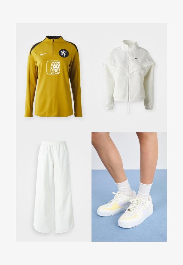 Balta garās piedurknes ar rāvējslēdzēju jaka ar augstu apkakli, apmetņa līdzīga detaļa uz pleciem, elastīgas aproces un mazs melns Nike logotips uz krūtīm.; Dzeltena sporta krekls ar garām piedurknēm, ceturtdaļas rāvējslēdzis, melni plecu akcenti, vēl nesaturošs lauva emblēma uz krūšu, un Nike logs kreisajā plecā.; Baltas, platais sporta bikses ar ribotu jostasvītru un smalku logotipa detaļu. Gluda auduma ar brīvu piegriezumu un sašaurinātu apakšdaļu.; Balti ādas sporta apavi ar dzelteniem un lavandas akcentiem, apaļa purngala forma, plakani šņores un teksturēta gumijas zole. Valkāti ar baltām zeķēm.