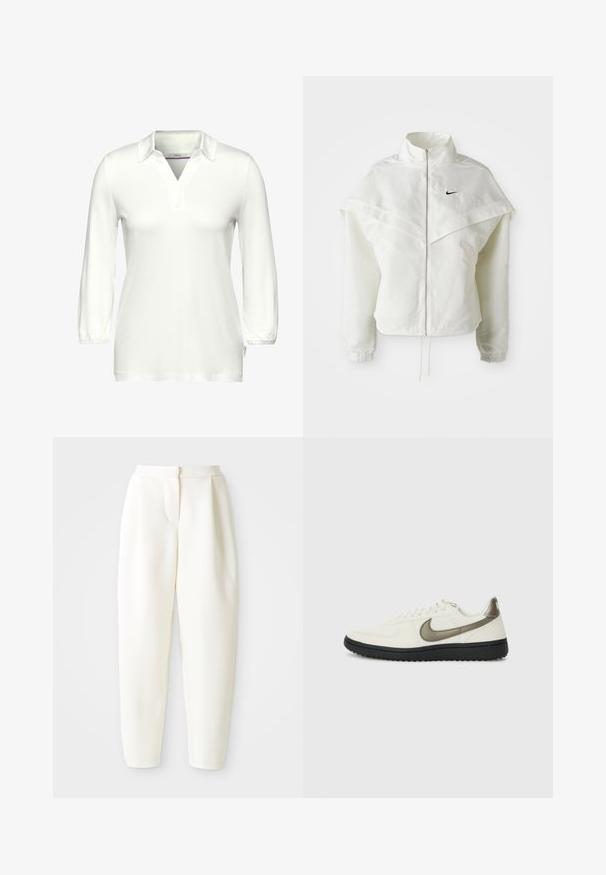 Valkoinen pitkähihainen vetoketjullinen takki korkealla kauluksella, viittamainen yksityiskohta olkapäillä, joustavat hihansuut ja pieni musta Nike-logo rinnassa.; Pitkähihaisessa valkoisessa polo-paidassa on pehmeä kangas, V-pääntie ja nappilista. Hihansuut ovat kerättyjä ja sivussa on merkki.; Valkoiset korkeavyötäröiset kapenevat housut, joissa on piilovetoketju edessä ja sivutaskut, esiteltynä yksinkertaista valkoista taustaa vasten.; Nike Sportswear FIELD GENERAL - Matalavartiset tennarit - off-white/black