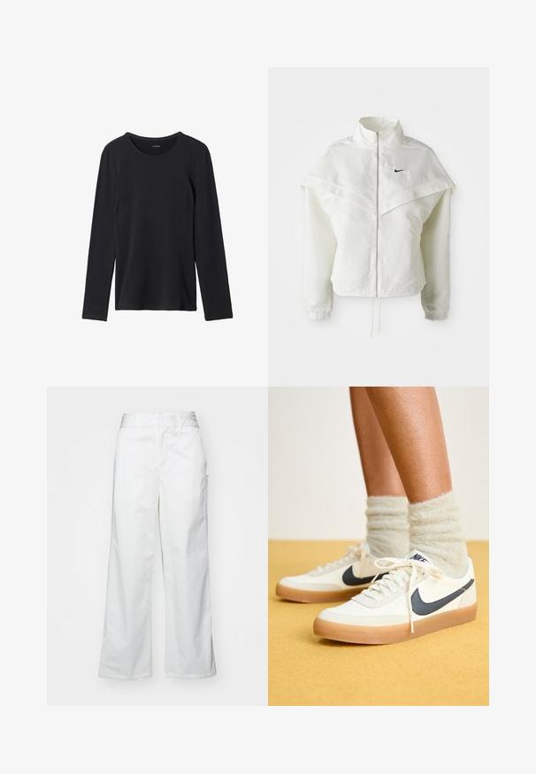 Giacca bianca a maniche lunghe con zip e colletto alto, dettaglio a mantella sulle spalle, polsini elasticizzati e piccolo logo Nike nero sul petto.; T-shirt nero a maniche lunghe realizzato in tessuto morbido, caratterizzato da un collo rotondo, design semplice e senza motivi o decorazioni visibili.; Pantaloni bianchi a gamba larga realizzati in cotone, con una texture liscia, vestibilità dritta, tasche frontali e orlo pulito.; Sneakers Nike bianchi con swoosh blu navy, tessuto testurizzato, lacci bianchi e suola in gomma, abbinati a calzini pelosi verde chiaro. Sfondo giallo.
