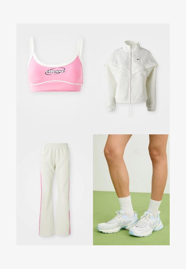 Balta ilga rankovė zip-up striukė su aukštu apykakle, švarkelio tipo detalėmis ant pečių, elastingomis rankovėmis ir mažuoju juodu Nike logotipu ant krūtinės.; Pinki sportinė liemenėlė su balta apdaila ir dirželiu, kuriame išryškėja juodas "ellesse" logotipas priekyje. Lygus paviršius ir sportiškas dizainas.; Šviesiai smėlio spalvos kelnės su elastinga juosmens juosta, turinčios rožinius šoninius panelius ir šonines kišenes. Lygi tekstūra su tiesiomis kojomis.; Balti ir šviesiai mėlyni sportiniai bateliai, pagaminti iš tinklinės ir sintetinės medžiagos, su tekstūruotais akcentais, suapvalinta forma ir paminkštintu padu.