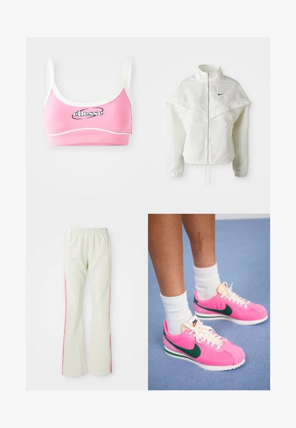 Balta ilga rankovė zip-up striukė su aukštu apykakle, švarkelio tipo detalėmis ant pečių, elastingomis rankovėmis ir mažuoju juodu Nike logotipu ant krūtinės.; Pinki sportinė liemenėlė su balta apdaila ir dirželiu, kuriame išryškėja juodas "ellesse" logotipas priekyje. Lygus paviršius ir sportiškas dizainas.; Šviesiai smėlio spalvos kelnės su elastinga juosmens juosta, turinčios rožinius šoninius panelius ir šonines kišenes. Lygi tekstūra su tiesiomis kojomis.; Rožiniai Nike sportbačiai su žaliais akcentais, pagaminti iš lygaus materiālo, turintys baltas raišteles ir tekstūruotą padą. Virš kulkšnies matomos baltos kojinės.