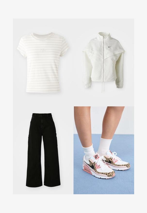 Balta ilga rankovė zip-up striukė su aukštu apykakle, švarkelio tipo detalėmis ant pečių, elastingomis rankovėmis ir mažuoju juodu Nike logotipu ant krūtinės.; Balta dryžuota trumpų rankovių marškinėliai, pagaminti iš minkštos medvilnės. Turi apvalų kaklą ir nedidelį išsiuvinėtą Nike logotipą krūtinėje.; Juodos plačios kojų kargo kelnės, pagamintos iš džinsinio audinio, su aukštu liemeniu, priekiniais mygtukų uždarymais ir šoniniais kišenėmis. Lygus audinio paviršius su minimaliais siūlais.; Nike Air Max sportbačiai pasižymi baltos ir rožinės spalvų deriniu su leopardo rašto akcentais, tinkline ir odine medžiaga, bei išskirtine guma padanga.