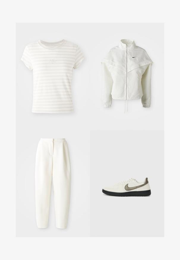 Bílá dlouhá zipová bunda s vysokým límcem, pláštěnkovým detailem přes ramena, elastickými manžetami a malým černým logem Nike na hrudi.; Bílý pruhovaný krátkozávitový tričko vyrobené z měkké bavlny. Má kulatý výstřih a malé vyšívané logo Nike na hrudi.; Bílé kalhoty s vysokým pasem a zúženým střihem, se skrytým předním zapínáním a bočními kapsami, vystavené na čistém bílém pozadí.; Nike Sportswear FIELD GENERAL - Tenisky - off-white/black